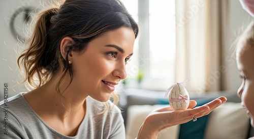 Mother showing decorated Easter egg to child, sharing precious holiday joy