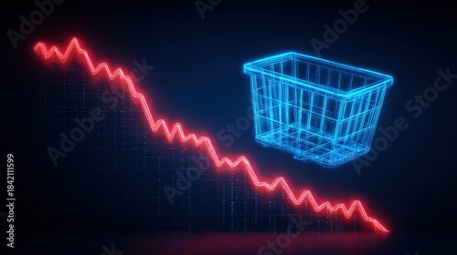 A visual representation of economic downturn and consumer decline with red line graph and a shopping cart outline.  ..Created with Generative AI, not depicting real subjects.