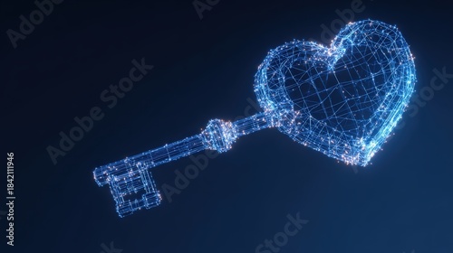 A digital key, shaped like a heart, floats in a deep blue void, symbolizing security and opening new possibilities. The key embodies love. ..Created with Generative AI, not depicting real subjects.