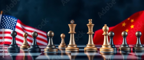 Chess pawns, US and China flags, strategic conflict,  competition,  nation