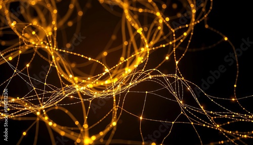 Intricate network of shimmering gold threads on a dark background, creating an abstract luminous effect,  wire,  shimmer