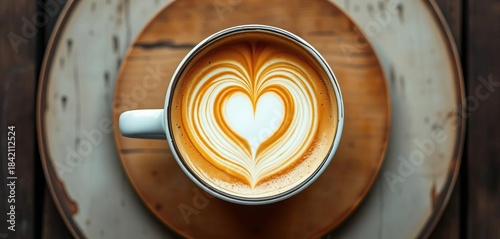 Overhead shot of a heart-shaped latte art in a vintage cup on wood,  coffee shop,  overhead