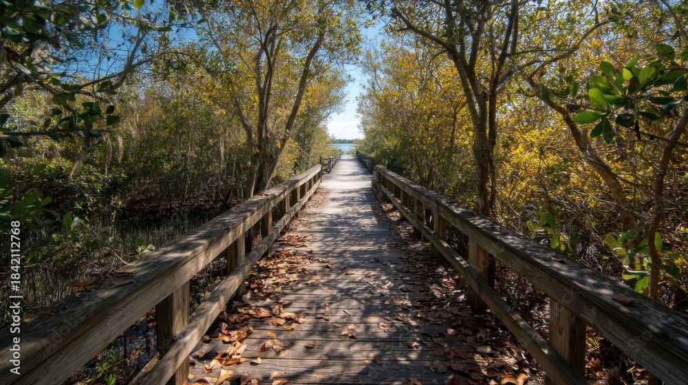 Obraz premium A wooden boardwalk stretches through a forest adorned with vibrant autumn leaves in yellow and orange hues under a clear