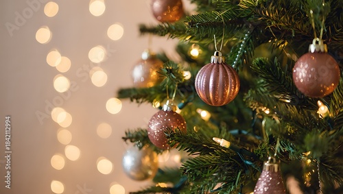 Blush Pink and Rose Gold Ornaments on Christmas Tree with Warm Fairy Lights
