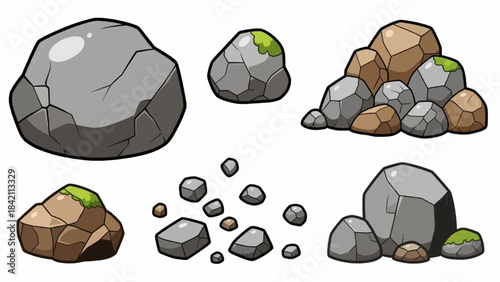 Rock stone set cartoon. Cartoon game art rocks and stones. Stones boulder, gravel rubble and pile of rocks cartoon isolated vector illustration