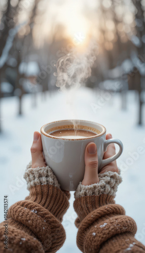 Sipping warm coffee in a snowy winter wonderland outdoor scene cozy atmosphere scenic view relaxing concept