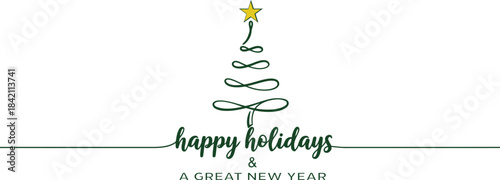 Minimalist Christmas tree illustration with festive greetings for happy holidays and a great new year celebration