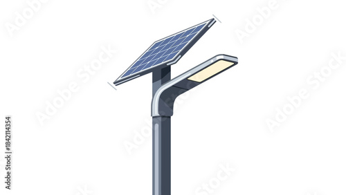Modern vector illustration of a sleek solar-powered street light with a blue photovoltaic panel and an illuminated rectangular LED lamp.