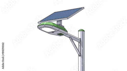 Modern solar-powered street light illustration with green accents and blue panel on a pole.