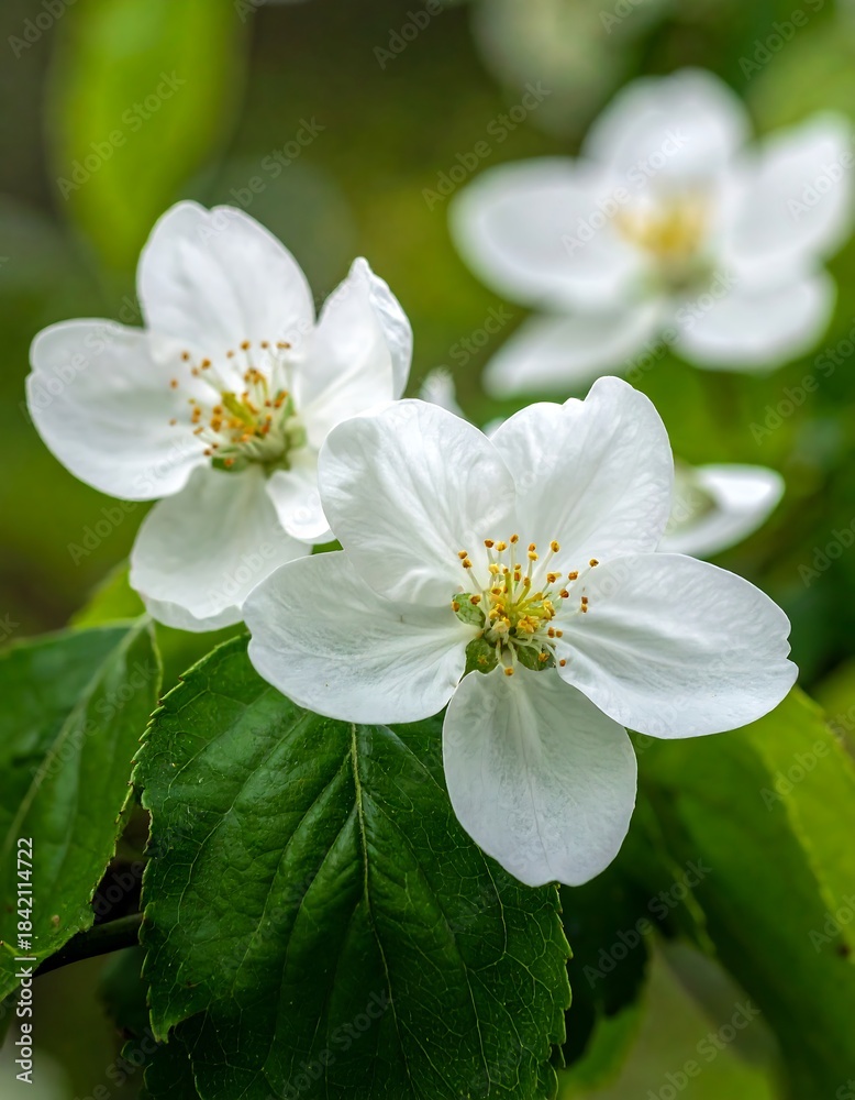 Obraz premium Close-up of delicate white blossoms on a branch with green leaves