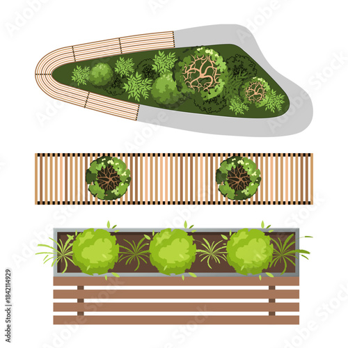 A detailed illustration of a garden landscape design with various plants and wooden fences on