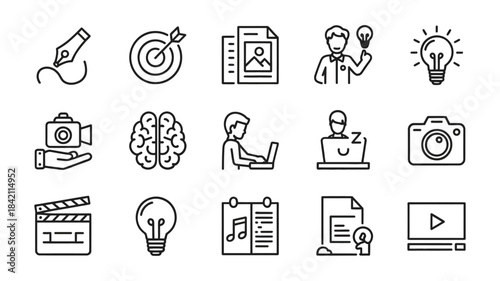 Creative Media Production and Brainstorming Icon Set - Line Art Vector Collection for Content and Business Strategy