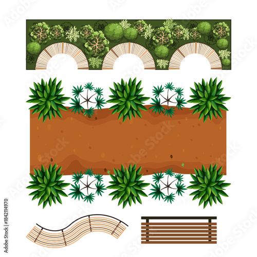 Garden design elements including plants, arches, pathway, and bench on for landscaping