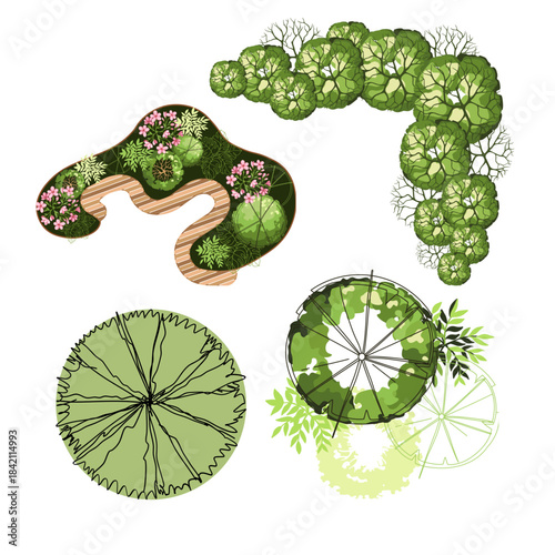 A set of four different green garden and park landscape design plans