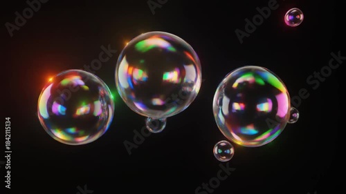 Abstract Colorful Bubbles Floating in Darkness with Rainbow Reflections.