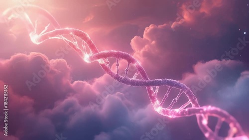 Abstract DNA Helix Floating in Dreamy Pink Clouds with Sunlight.