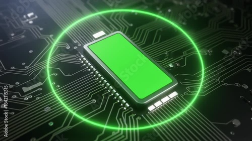 Close-up of a green screen computer chip on a circuit board with glowing neon circle.