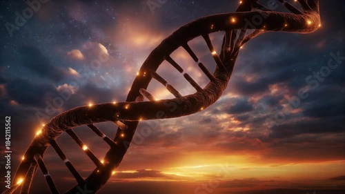 DNA Helix Structure Glowing With Light Against Dramatic Sunset Sky.