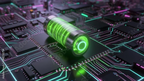 Futuristic Battery Powering Advanced Circuit Board Technology.