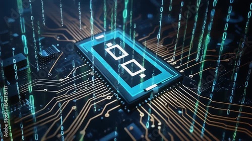 Futuristic Microchip Circuit Board with Glowing Data Streams.