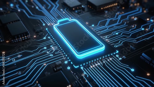 Glowing Battery Icon on Futuristic Circuit Board.