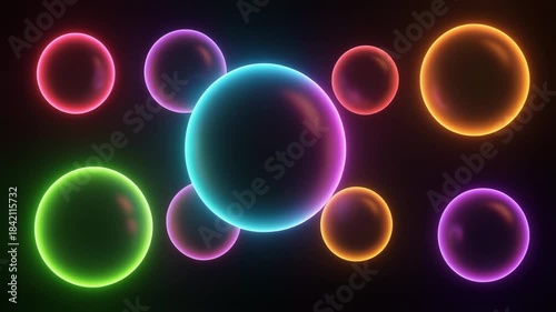 Glowing Neon Bubbles Floating in Dark Space Abstract Background.