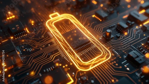 Glowing Battery Symbol on Futuristic Circuit Board.