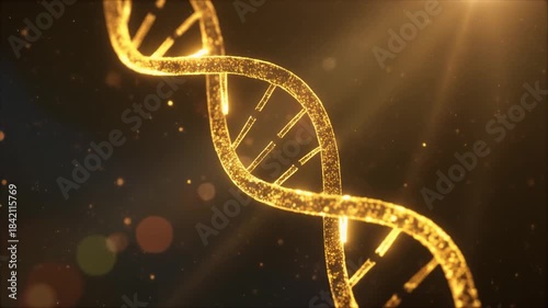 Golden DNA Helix Structure Glowing in Dark Space with Particles and Light Rays.