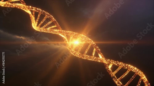 Golden DNA Helix Glowing With Light On Dark Background.