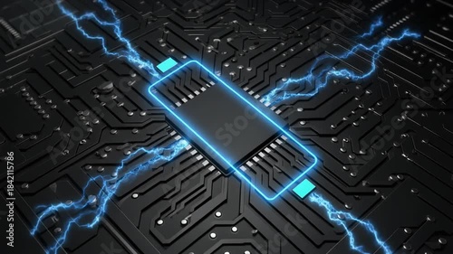 High Tech Processor Chip Glowing with Blue Energy on a Circuit Board.