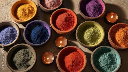 Minimalist flat lay of colored powders in decorative bowls arranged in a geometric circle softly lit by small