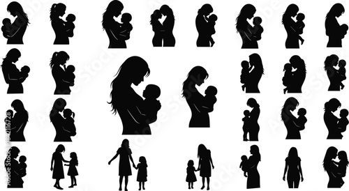 Collection of Black Silhouettes Featuring Mother and Baby Holding, Hugging, and Bonding Representing Maternity and Parental Love Vector Set