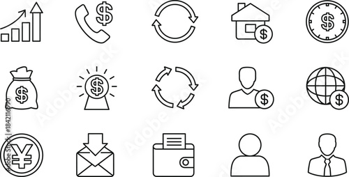 A comprehensive vector icon set featuring business, finance, and currency symbols like dollar, yen, profit, and real estate, ideal for banking, investment, and financial technology applications