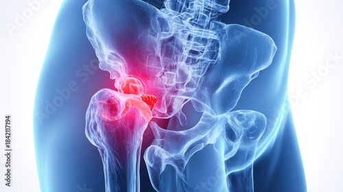 Medical illustration of a human hip joint with highlighted pain area