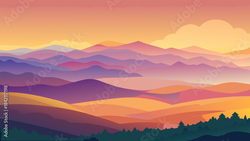 Mountain sunset layered landscape vector illustration