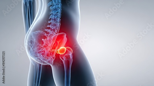 Medical illustration of human hip joint anatomy showing pain and inflammation