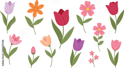 A delightful vector collection of various flat-style spring and summer flowers, including tulips, daisies, and delicate blossoms, perfect for greeting cards and romantic invitations