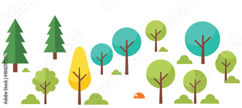 A diverse vector set of colorful flat-style trees and shrubs, including coniferous and deciduous plants, ideal for creating landscape maps, posters, and educational graphics