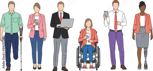 Inclusive and Diverse Professional Team Vector Illustration Set Featuring People with Disabilities in Business Attire for Workforce Representation