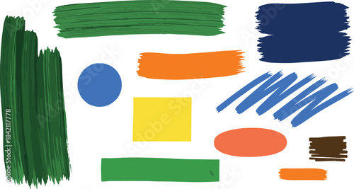 A diverse vector set of colorful abstract paint brush strokes, geometric shapes, and textured swatches, perfect for artistic backgrounds, banners, and creative design overlays