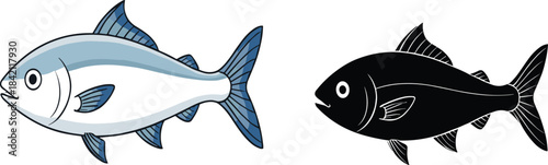 Marine Wildlife Fish Vector Illustration: A Detailed Ocean Fauna Icon Set Featuring Color and Solid Black Silhouette for Seafood Menus, Logo Design, and Aquatic Nature Projects