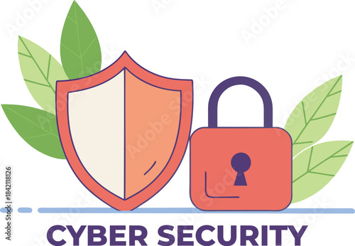 Cyber Security Shield and Lock Flat Illustration