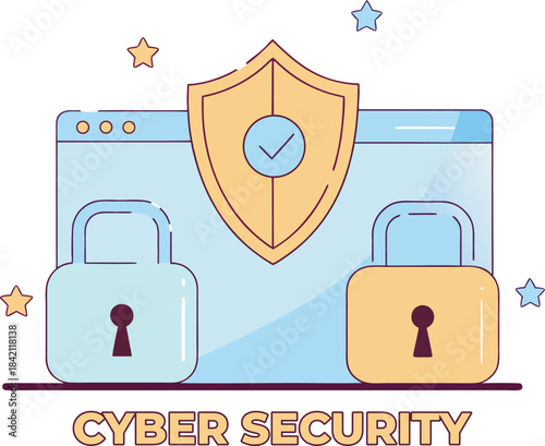 Cybersecurity Protection Shield with Secure Lock Icons Illustration