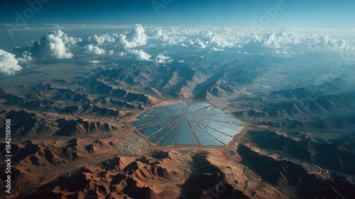Aerial View of Solar Energy Farm in Mountainous Terrain