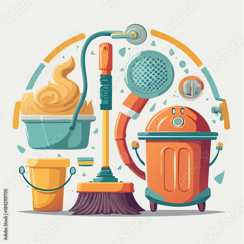 Vibrant illustration of essential household cleaning tools and supplies, showcasing various equipment for maintaining a spotless and organized home environment