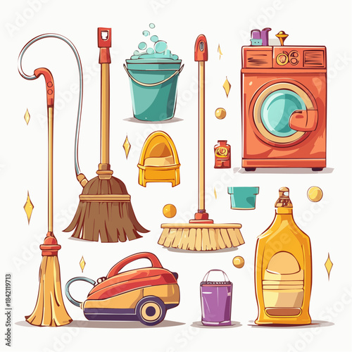 Collection of cleaning supplies including a vacuum, broom, mop, bucket, and cleaning solutions, depicting household chores and tidiness