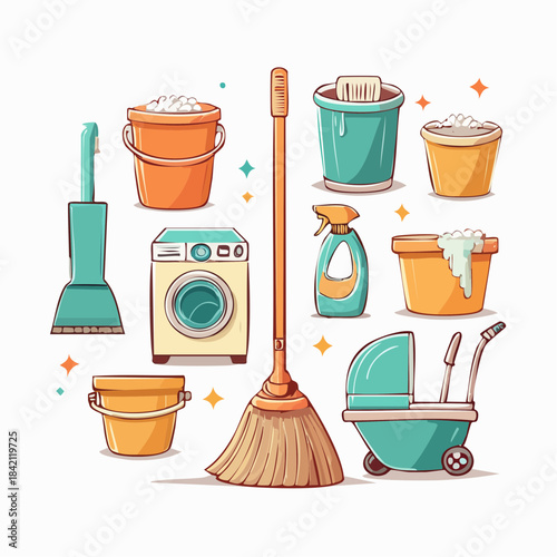 Collection of cleaning supplies and household items, including a washing machine, broom, mop, and bucket