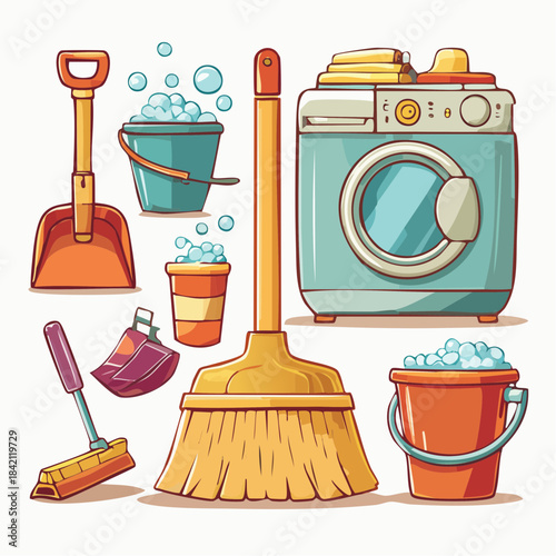 Set of cartoon-style cleaning supplies including a washing machine, broom, dustpan, bucket, and mop, perfect for household chores and hygiene illustrations