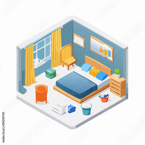Detailed isometric view of a modern bedroom being cleaned, with cleaning tools, fresh linens, and a bright interior ready for refreshing