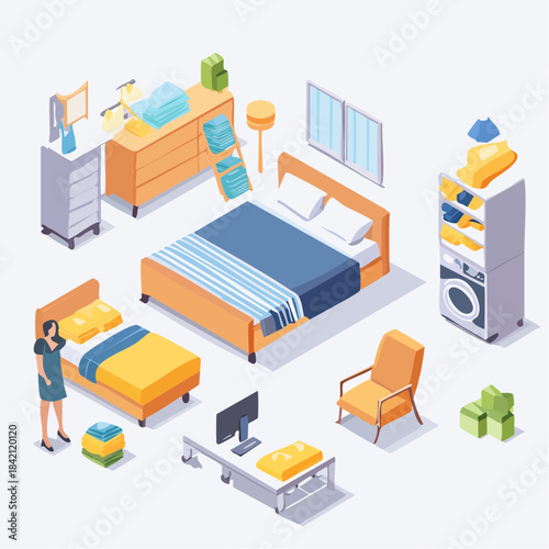 Cozy Bedroom and Laundry Room Interior Design Elements and Furniture in Isometric View